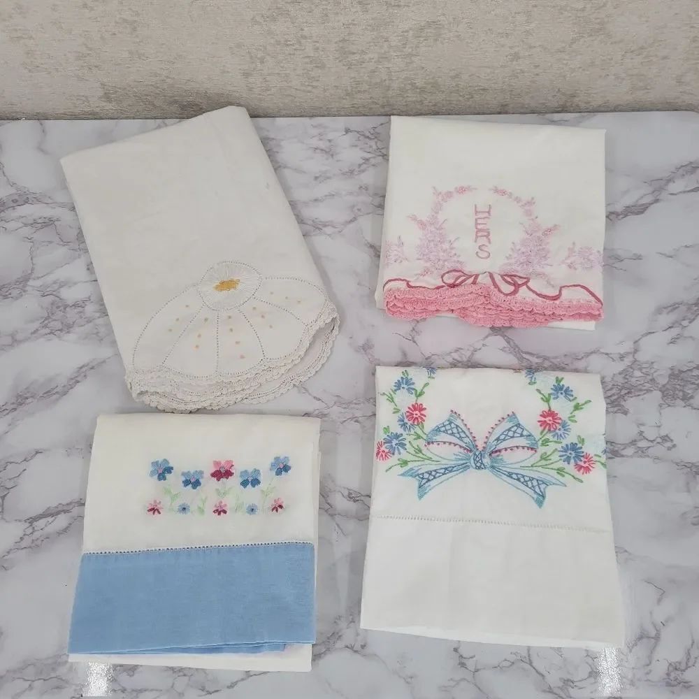 Lot of 4 Vintage Embroidered Stitched Pillowcases Cotton Cottagecore Grandmacore